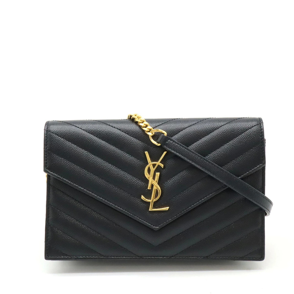 SAINT LAURENT PARIS YSL Monogram Envelope Shoulder Bag Chain Wallet Clutch Black